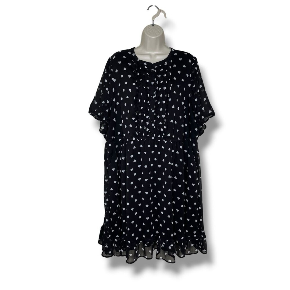 Torrid Black White Heart Print Chiffon Ruffled Dress Short Sleeve Women Plus 3X